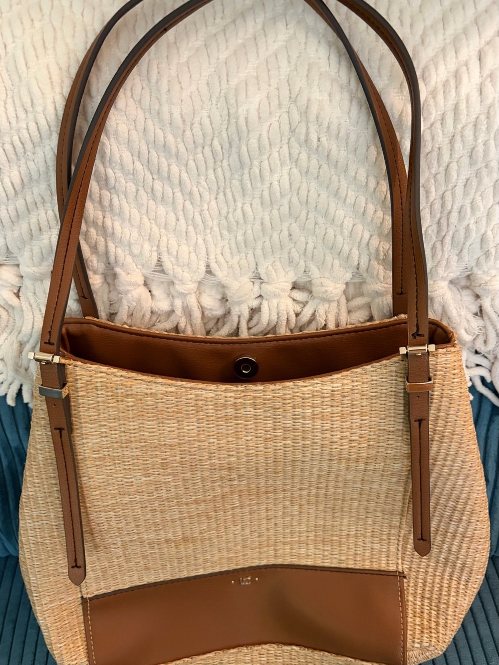 NWOT Liz Claiborne Woven Straw Shoulder Bag with leather accents